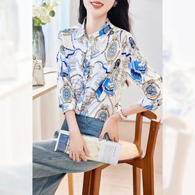 AS 0112桑蚕丝趣味印花真丝衬衫polo领长袖花色通勤衬衣