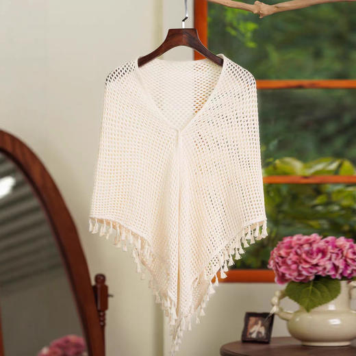 MYJ 镂空流苏三角巾针织流苏披肩斗篷日常可穿搭配旗袍外穿透气优雅时尚披肩开衫 商品图2