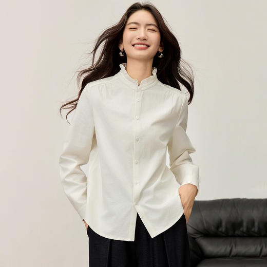 【内购】【木耳边领口】木耳边小立领肩部捏褶门襟单排扣压褶袖口衬衫-153CA1935 商品图2