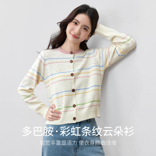 【内购】【彩虹云朵衫】优雅通勤圆领撞色扣条纹镂空花卉弹力厚开衫针织衫-W53HB2272 商品图1