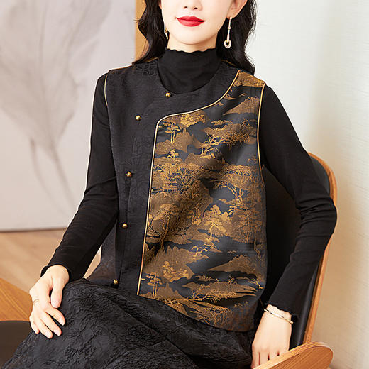 KQL422H2868黑色拼接马甲女2025年秋季新款高级感国风提花无袖马夹 商品图3