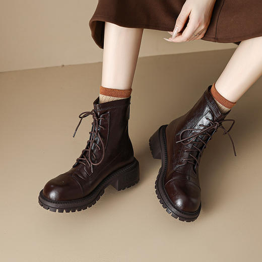 【预售7天】秋冬软皮圆头系带粗跟马丁靴弹力高跟短靴长筒靴XH&M9357D 商品图4