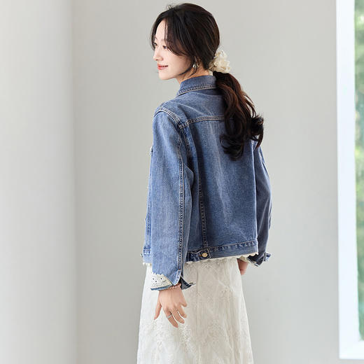 【内购】【拼接撞色花边】轻复古简约通勤翻领落肩袖水洗纯棉牛仔外套-W51W80481 商品图2