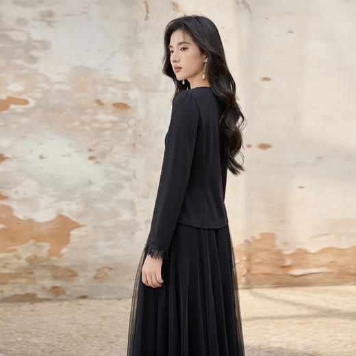 奢姿大码女装2025秋季胖妹妹时尚水钻装饰气质蕾丝拼接圆领上衣9953253603A 商品图3