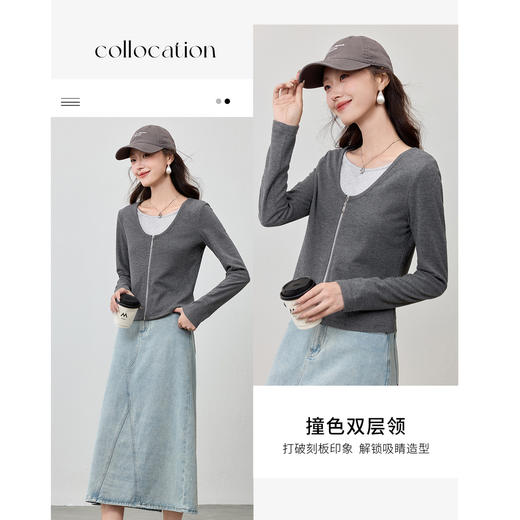 【内购】【撞色拼接】含绵羊毛含醋酸简约通勤双层领金属拉链针织长袖T恤-153TA3033 商品图2