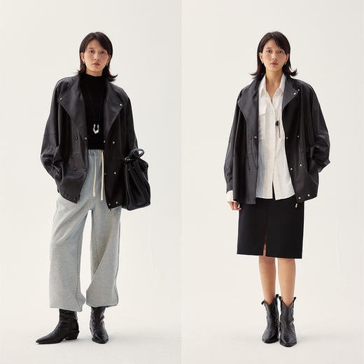 UMILAB｜寂境*高奢质感 100%无涂层羊皮重工可收腰中长皮衣BC970W 商品图4