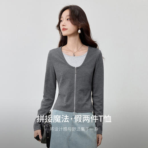 【内购】【撞色拼接】含绵羊毛含醋酸简约通勤双层领金属拉链针织长袖T恤-153TA3033 商品图1