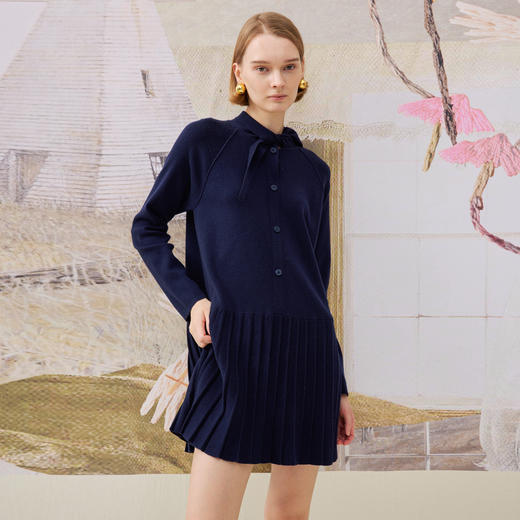 谜底针织连衣裙长袖2025年冬季新品学院风修身百褶裙女254MZ1874 商品图1