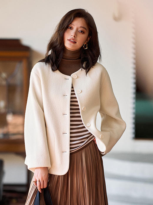 23区日系春季通勤宽松款羊毛混纺圆领毛呢外套休闲上衣商场同款 商品图0