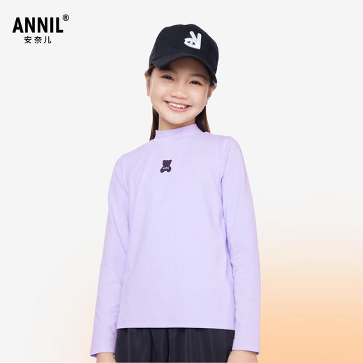 【三季潮搭小熊T】女童简约百搭打底衫实穿T恤中领长袖针织衫秋季新款安奈儿童装EG531591 商品图0