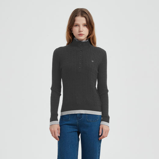 【2件9折】【Petit Bari】(多色)高级拼色假两件半开领绞花针织衫上衣羊毛 商品图1