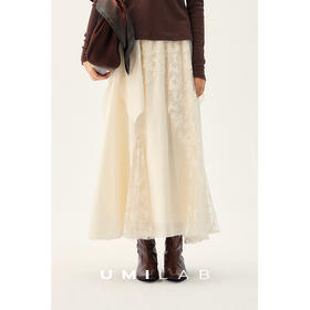 UMILAB｜盛宴*天丝+醋酸+亚麻混纺 重工亮片蕾丝刺绣松紧腰半裙D831W