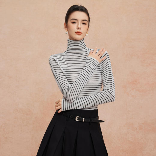 QG647斯尔丽25新款超细纱支高领打底百搭配条细腻柔软贴身长袖打底衫 商品图5