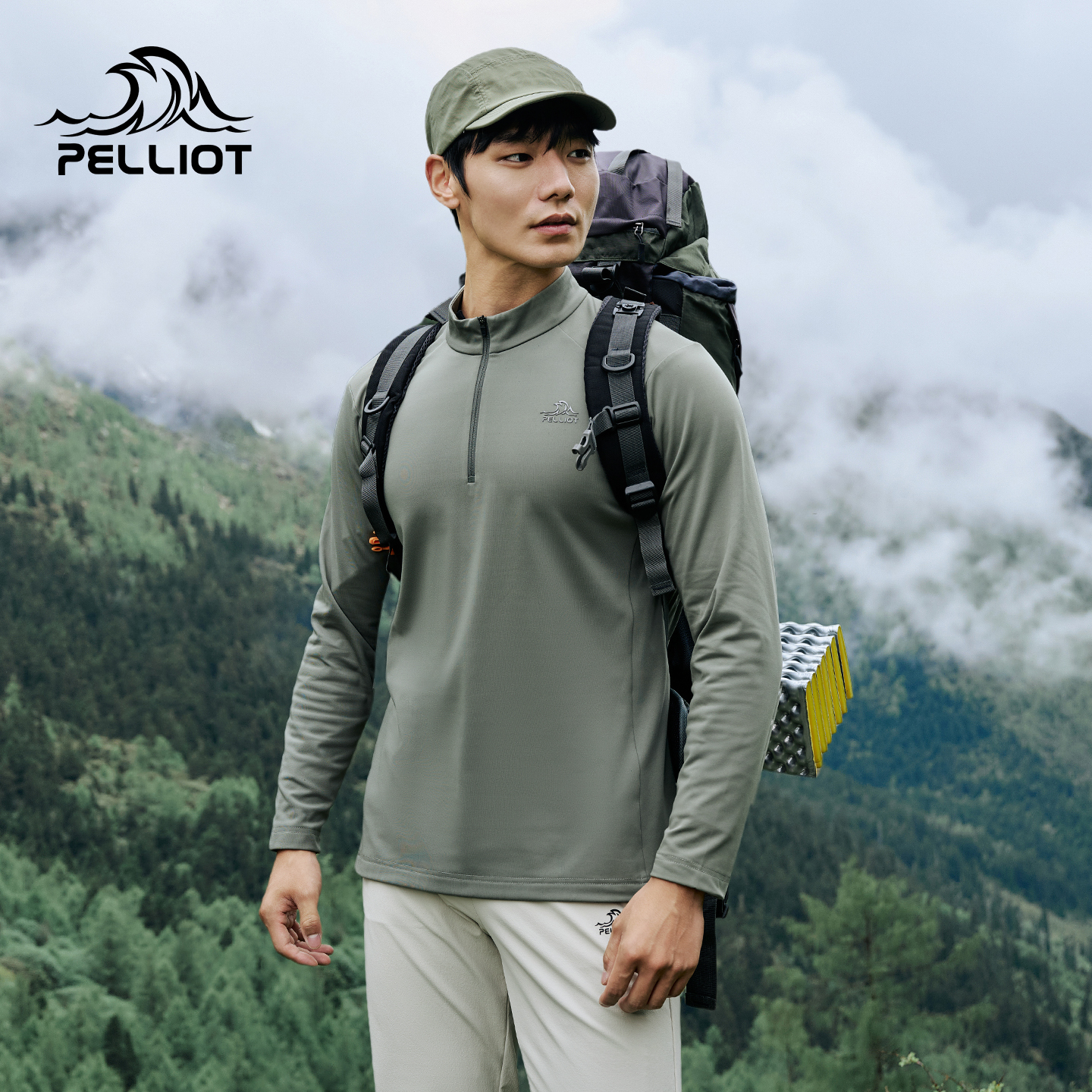 伯希和户外骑行T恤加绒男运动长袖保暖银离子抗菌立领上衣