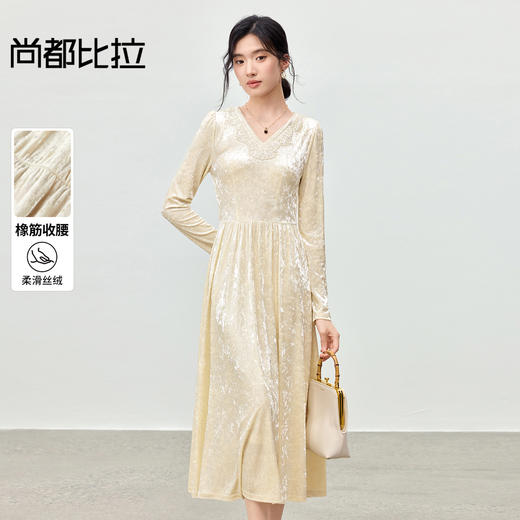 【内购】【丝绒连衣裙】都市V领橡筋松紧腰A字裙丝绒连衣裙-154LI3533 商品图0