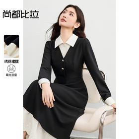 【内购】【拼接连衣裙】都市拼接设计衬衣翻领拼接袖口绣花裙摆收腰伞裙-153LI2737