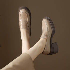 【预售5天】7CM真皮圆头厚底高跟深口单鞋女新款复古风百搭粗跟小皮鞋HCYYHD&5892