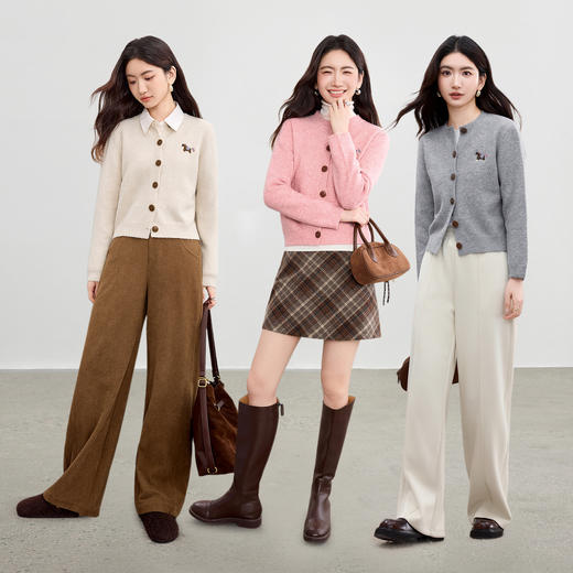 【内购】【含绵羊毛】通勤小马刺绣圆领撞色单排扣落肩长袖超弹开衫毛衣-W53EB2690 商品图2