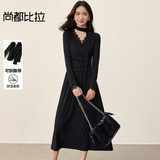 【内购】【立体睫毛花边】立体睫毛花边领前胸交叉收褶可拆飘带拼接连衣裙-Q53LB2664 商品图0