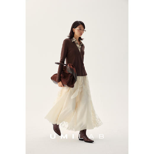 UMILAB｜盛宴*天丝+醋酸+亚麻混纺 重工亮片蕾丝刺绣松紧腰半裙D831W 商品图3