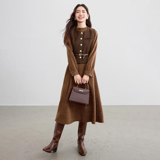 【内购】【免搭配套装】雅丹木耳边立领桃皮绒连衣裙&腰带亮片毛呢厚马夹-W53ZB3659 商品图2