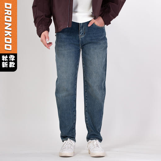 DRONKOO 2025 正常腰表袋割破右后袋棕皮标中厚牛仔长裤 商品图0