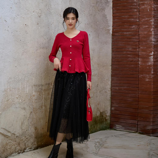 奢姿大码女装2025秋季时尚蝴蝶结装饰针织衫胖妹妹气质V领上衣9853693424 商品图4