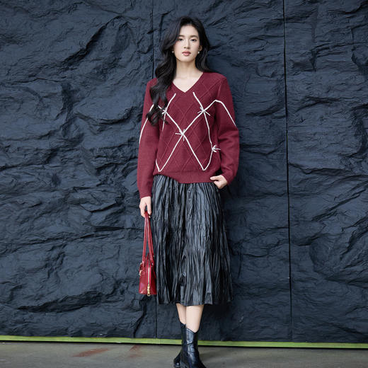 奢姿大码女装2025秋季时尚撞色V领针织衫胖妹妹气质菱形纹理上衣9553694234 商品图2