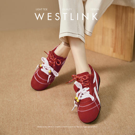 西遇复古德训鞋女新款秋季超火赛车鞋休闲轻便平底红色运动鞋V1857085 商品图4