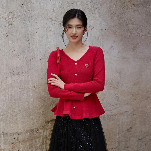 奢姿大码女装2025秋季时尚蝴蝶结装饰针织衫胖妹妹气质V领上衣9853693424 商品图1