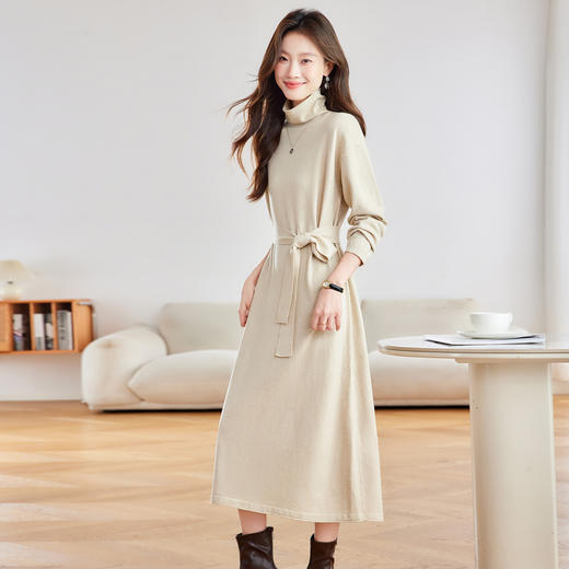 AS8515半高领打底毛衣裙女秋冬爆款系带高级感宽松遮肚配大衣针织连衣裙 商品图0