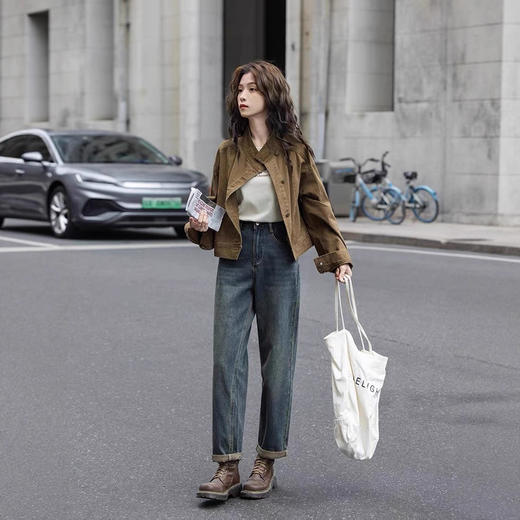 复古咖色牛仔短外套2026春秋新款小众宽松立领工装夹克上衣女 商品图2