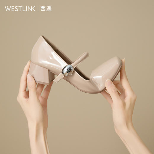 西遇粗跟玛丽珍鞋女新款秋季法式漆皮配裙小皮鞋方头中跟单鞋V1656955 商品图6