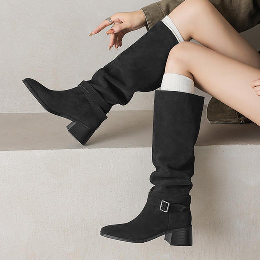 【预售7天】褶皱堆堆时装靴女粗跟显瘦百搭软皮长靴西部靴高筒骑士靴KYD&KK12780 商品图4