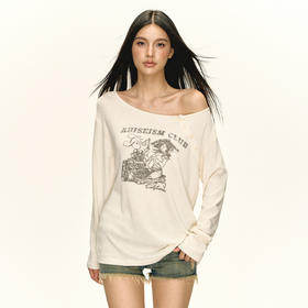 Ariseism 美式复古摩托修理工图案斜肩t恤女秋季新款修身上衣