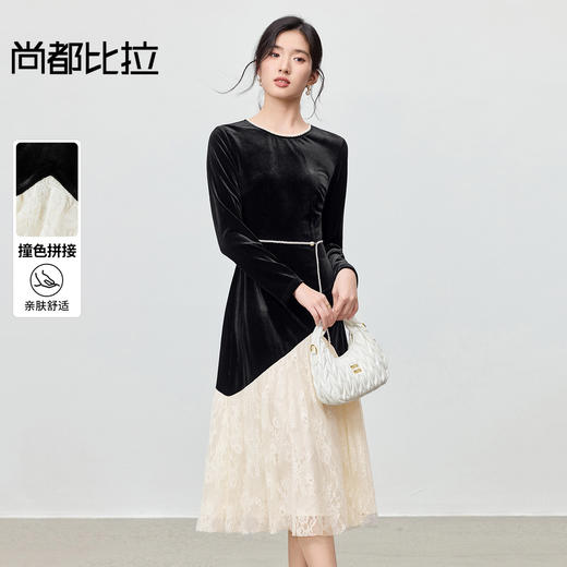 【内购】【撞色假两件】优雅通勤珍珠织带圆领可拆卸珍珠腰带蕾丝连衣裙-153LI3207 商品图0