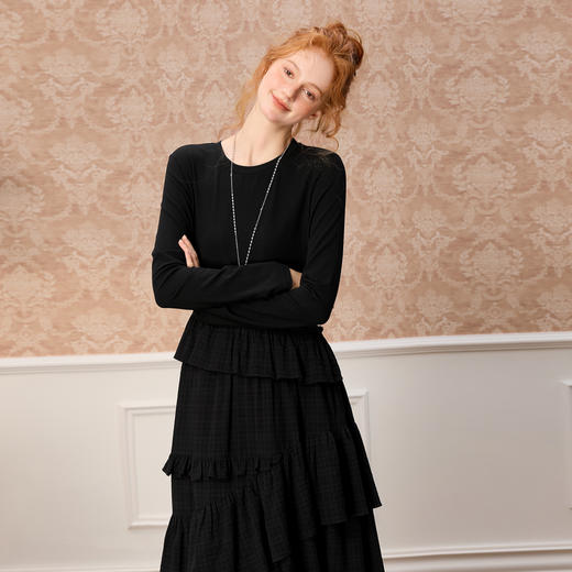 三彩独醒2025冬季新款拼接小黑裙荷叶边收腰A字裙长裙F 商品图1