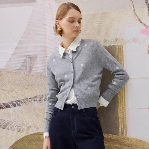 谜底针织开衫长袖2025冬季新品贝壳扣波点印花毛衣女254MZ1897 商品图1