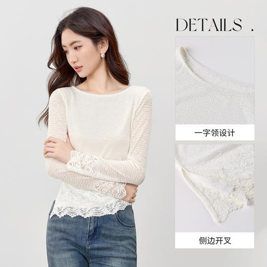 【内购】【腰部收褶】休闲X型一字领腰部收褶收腰修身蕾丝花卉上衣-153SA2374 商品图3