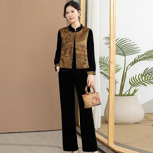 QYM CS25C60-Y三件套马甲套装妈妈装中式金丝绒中式套装 商品图0