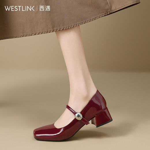 西遇粗跟玛丽珍鞋女新款秋季法式漆皮配裙小皮鞋方头中跟单鞋V1656955 商品图5