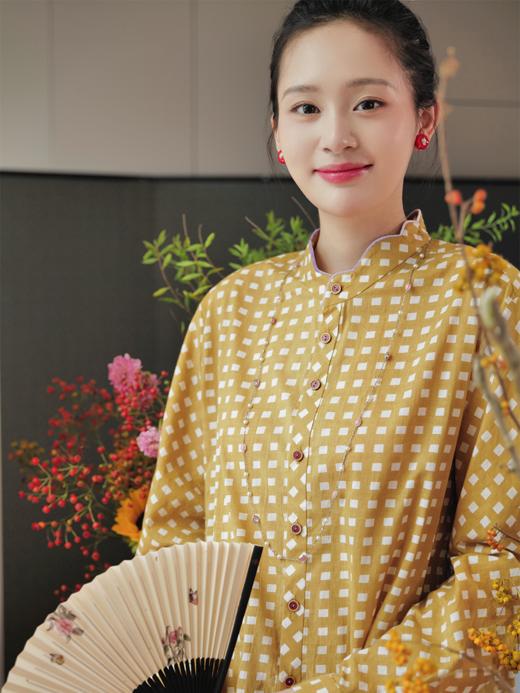 斜阳烟翠 印度 不完美格纹织布 花瓣领丝绒饰 点彩衬衫 山林曦照 商品图2