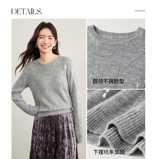 【内购】【含绵羊毛】简约通勤圆领珠片绣菱格设计软糯弹力显瘦毛衣-W53EE3847 商品图3