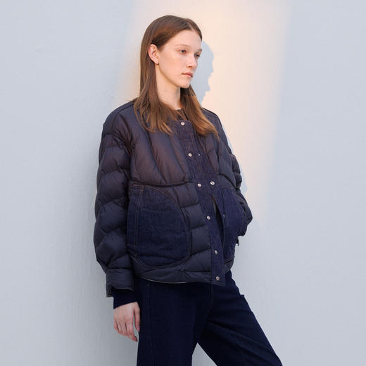 谜底两面穿羽绒服女2025冬季新品圆领百搭宽松拼接牛仔254MY1474 商品图0