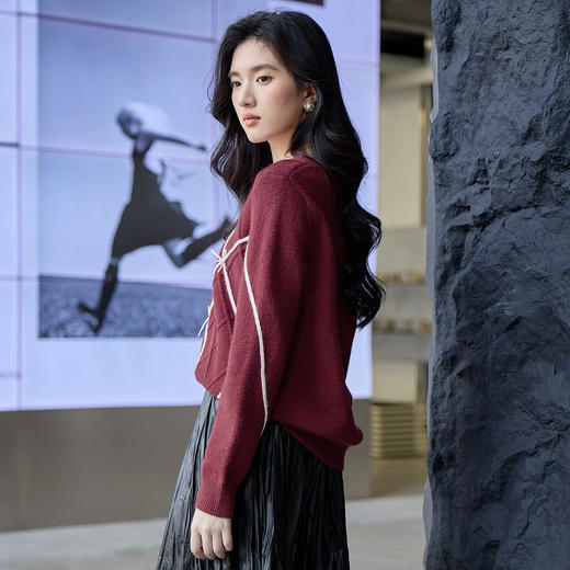 奢姿大码女装2025秋季时尚撞色V领针织衫胖妹妹气质菱形纹理上衣9553694234 商品图3