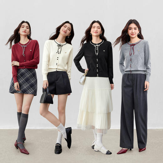 【内购】【撞色设计】优雅通勤圆领菱形格肌理扣软糯超弹长袖针织开衫-W53HE3389 商品图2