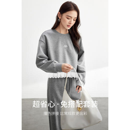 【内购】【卫衣套装】简约通勤拼接设计圆领短款卫衣&抽绳松紧腰直筒长裤-151Z80478 商品图1
