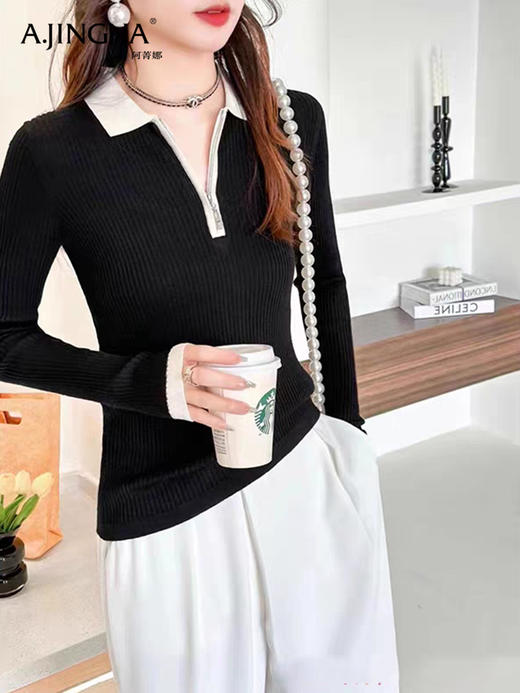 【经典高雅】阿菁娜POLO领纯羊毛修身撞色套头毛衫F30Q302057 商品图3