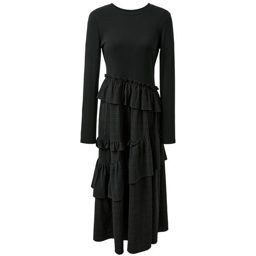 三彩独醒2025冬季新款拼接小黑裙荷叶边收腰A字裙长裙F 商品图4