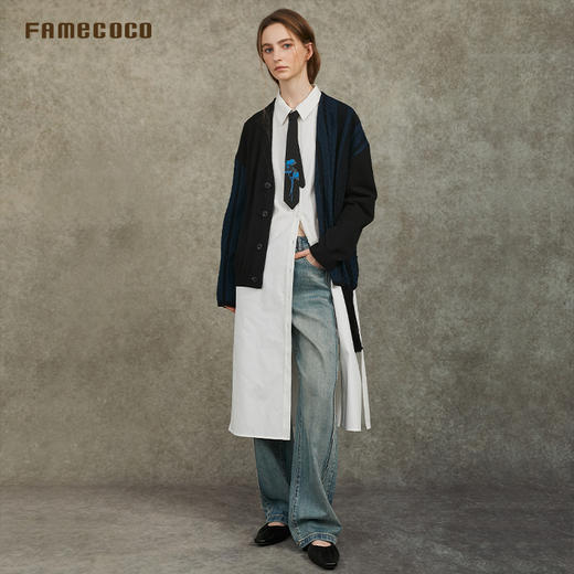 Famecoco范可儿设计款时尚V领针织开衫流苏拼接短款外套FAC6DE004 商品图4